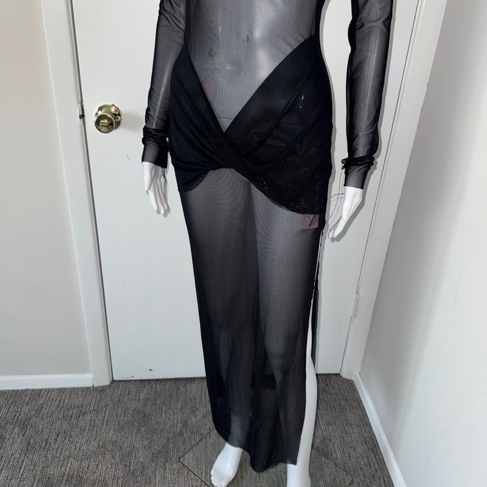 Micas Black Sheer Mesh Cutout Asymmetrical‎ Maxi Dress Avant Garde Edgy M - Picture 5 of 11